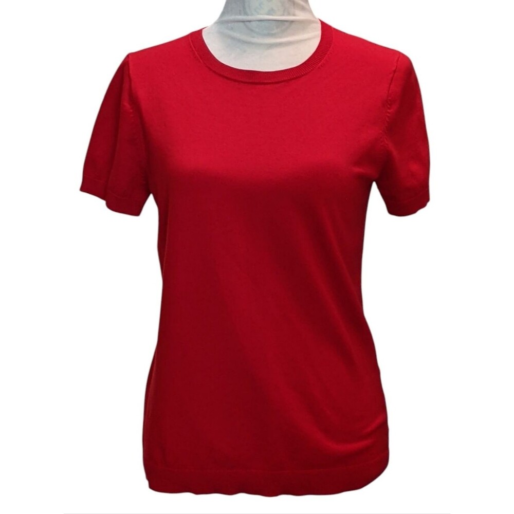 LANDS END Short Sleeve Sweater Apple Red Academia Layer Crew Neck Office Sz S